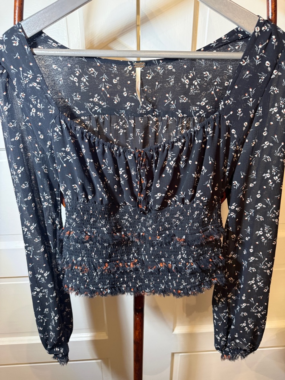 Free People Ditsy Floral Smocked Crop Top Long Sleeve twee Blouse